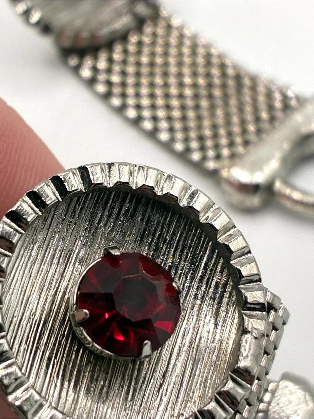 Vintage Silver Tone Mesh Cufflinks Red Rhinestone Wrap Around Formal